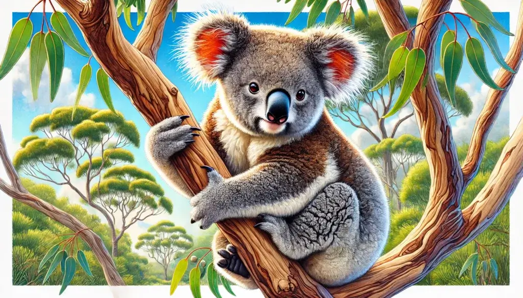 당신이 몰랐던 코알라의 재밌는 사실 7가지 2 DALL·E 2024 08 10 00.16.36 A colorful and realistic drawing of a koala in its natural habitat. The koala is perched on a eucalyptus tree showing its distinctive features like i