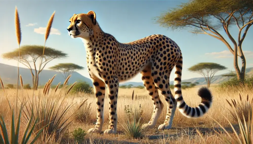 당신이 몰랐던 치타의 재밌는 사실 7가지 2 DALL·E 2024 08 10 00.38.17 A realistic illustration of a cheetah standing on a grassy savanna with its distinctive spotted coat clearly visible. The cheetah should be depicted
