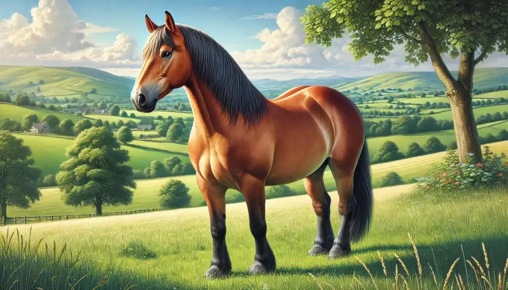 DALL·E 2024 08 10 00.40.49 A realistic illustration of a horse standing in a green meadow with its head slightly turned to the side. The horse should have a shiny coat and a we